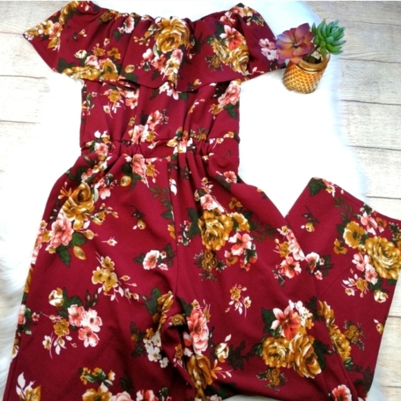 Altar'd State Red and Pink Floral Jumpsuit with Ruffle Sleeves Size M - Picture 2 of 5